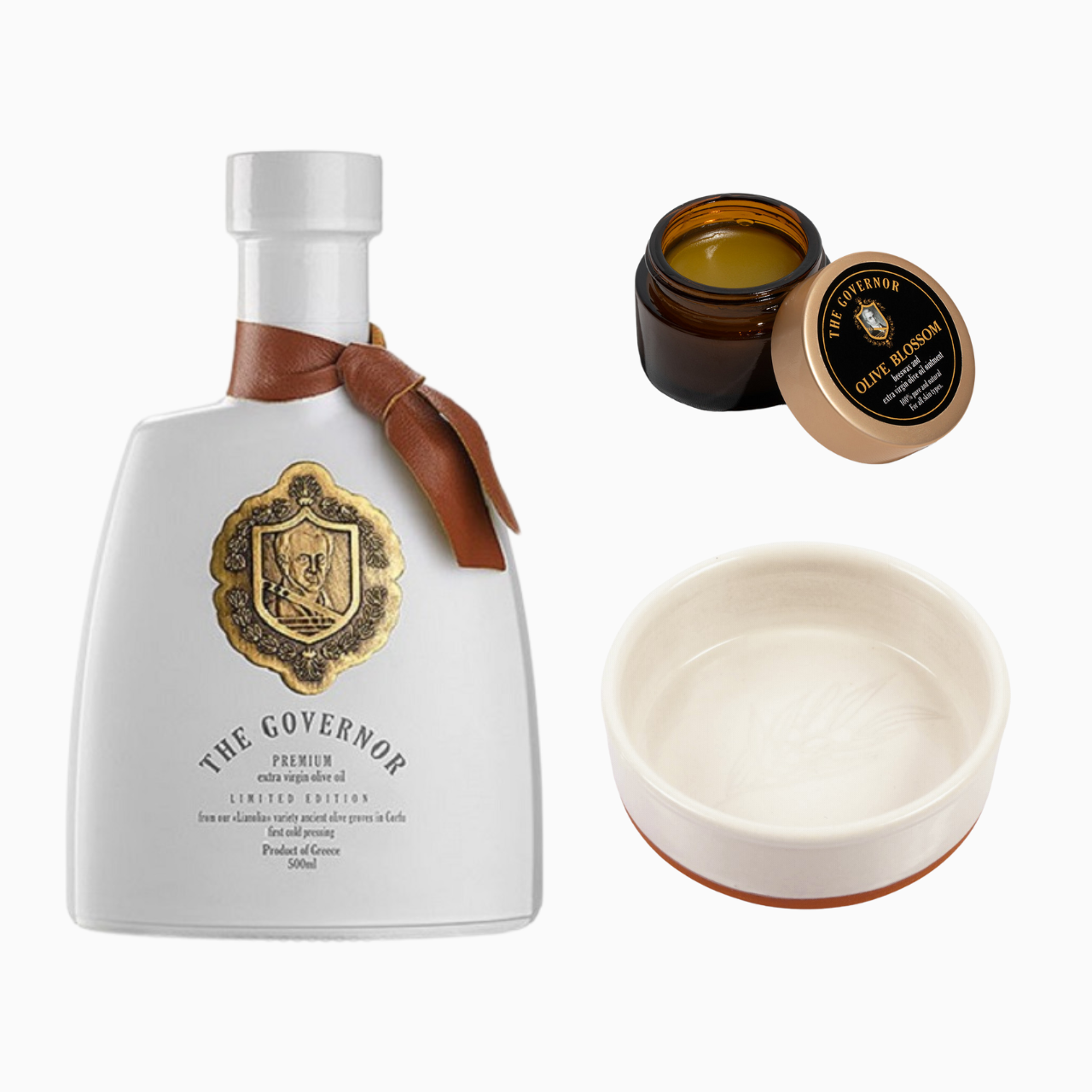 Gourmet high phenolic olive oil gift set with ceramic dish and beeswax balm