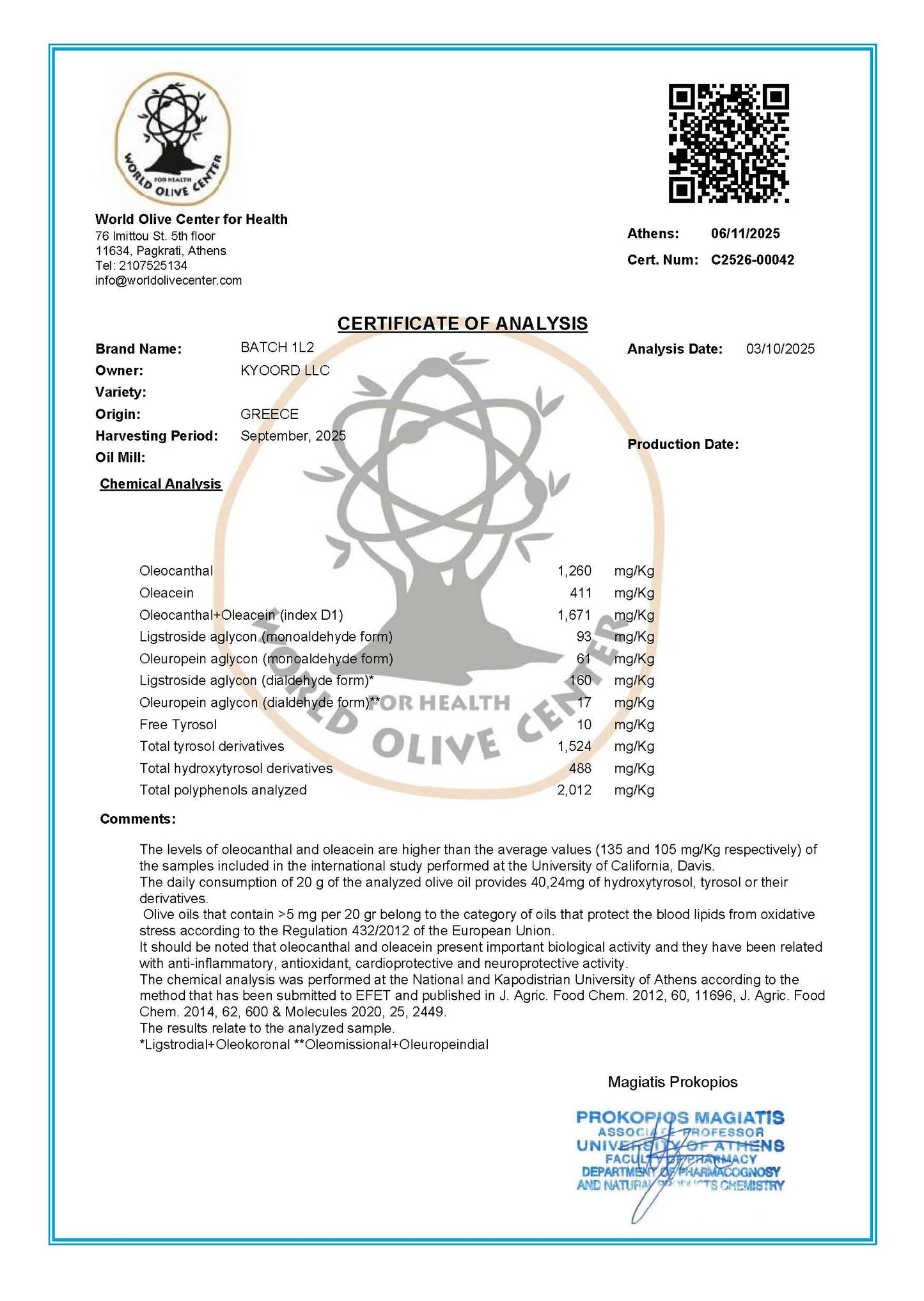 Limited batch ultra high phenolic olive oil, current harvest