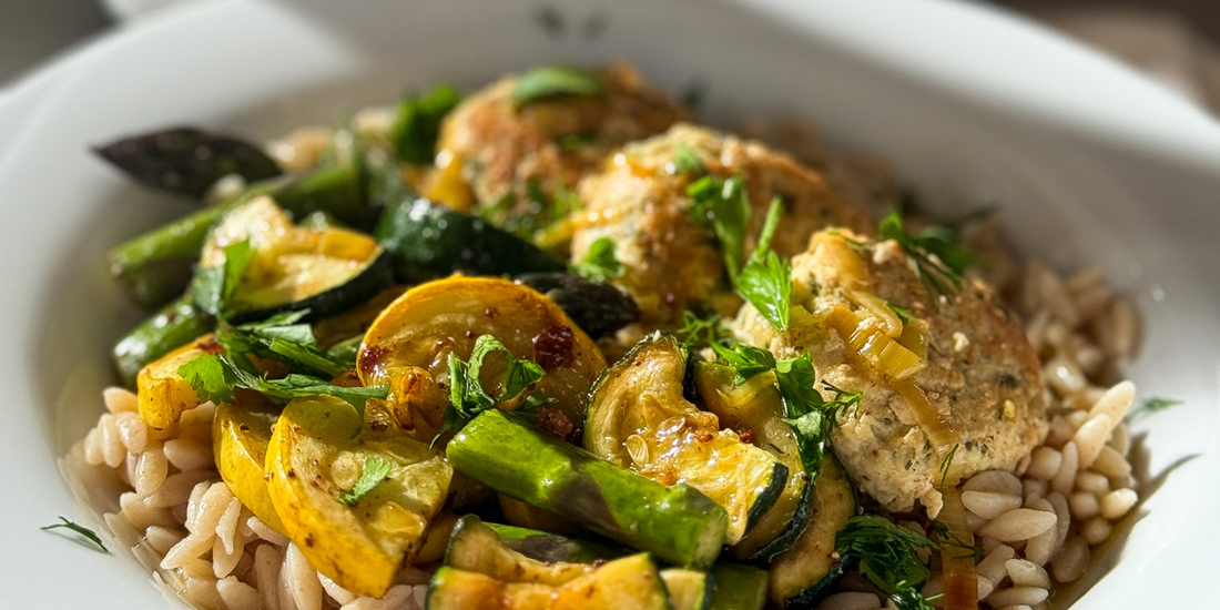Chicken Meatballs in Lemon Herb Sauce with Summer Vegetables