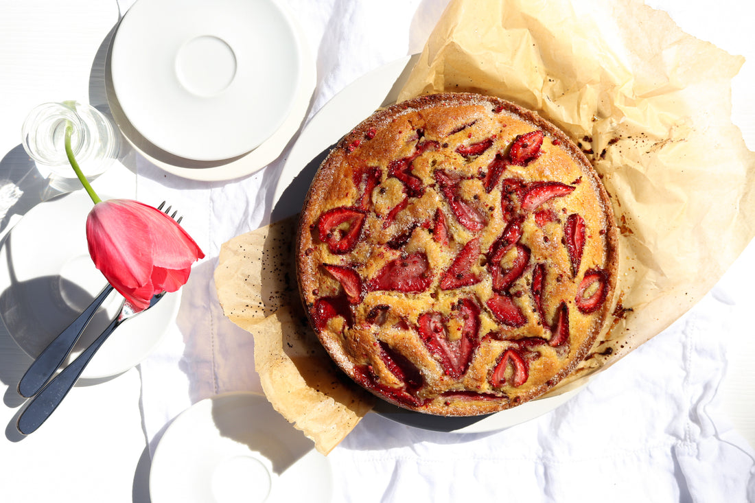 Strawberry and Pink Peppercorn Olive Oil Cake