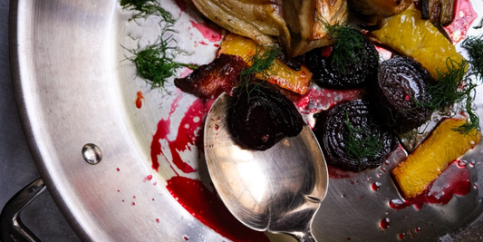 Reversed-Sear Citrus Beets with Roasted Radicchio, Honeyed Orange Glaze, and Pistachio