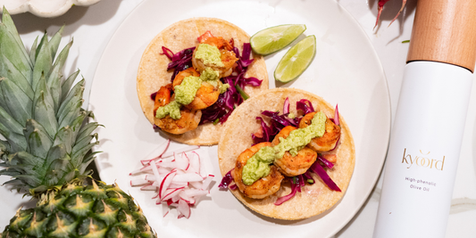 Smoky Shrimp Tacos with Vegan Avocado Crema and Tropical Slaw