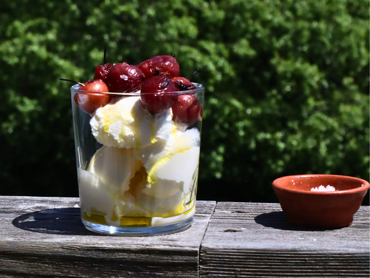 Vanilla Ice Cream Sundae with Blistered Cherries, Flaky Salt, and Olive Oil