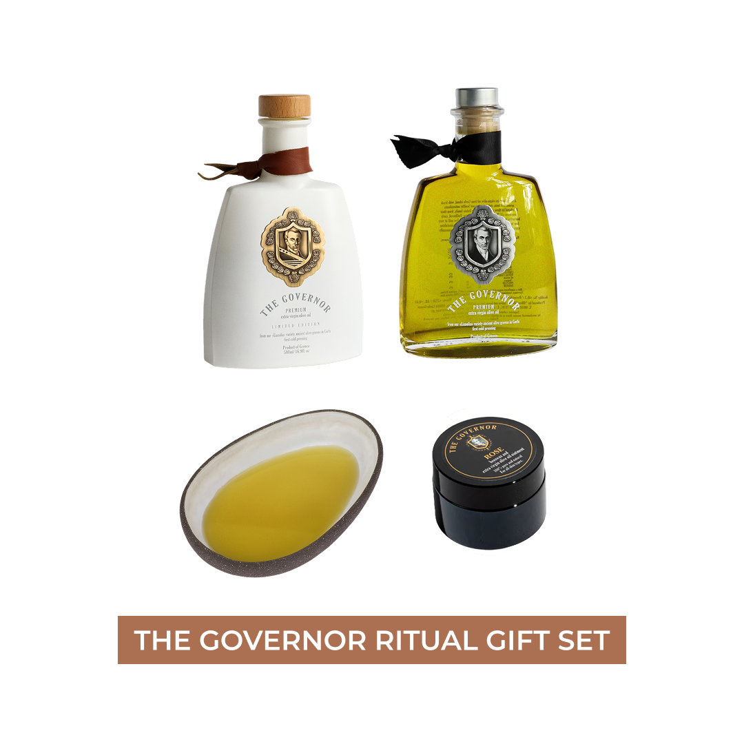 Daily high phenolic olive oil ritual set styled on a table