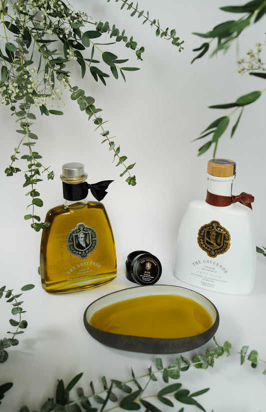 The Governor Ritual gift set with both high phenolic EVOOs and dipping dish