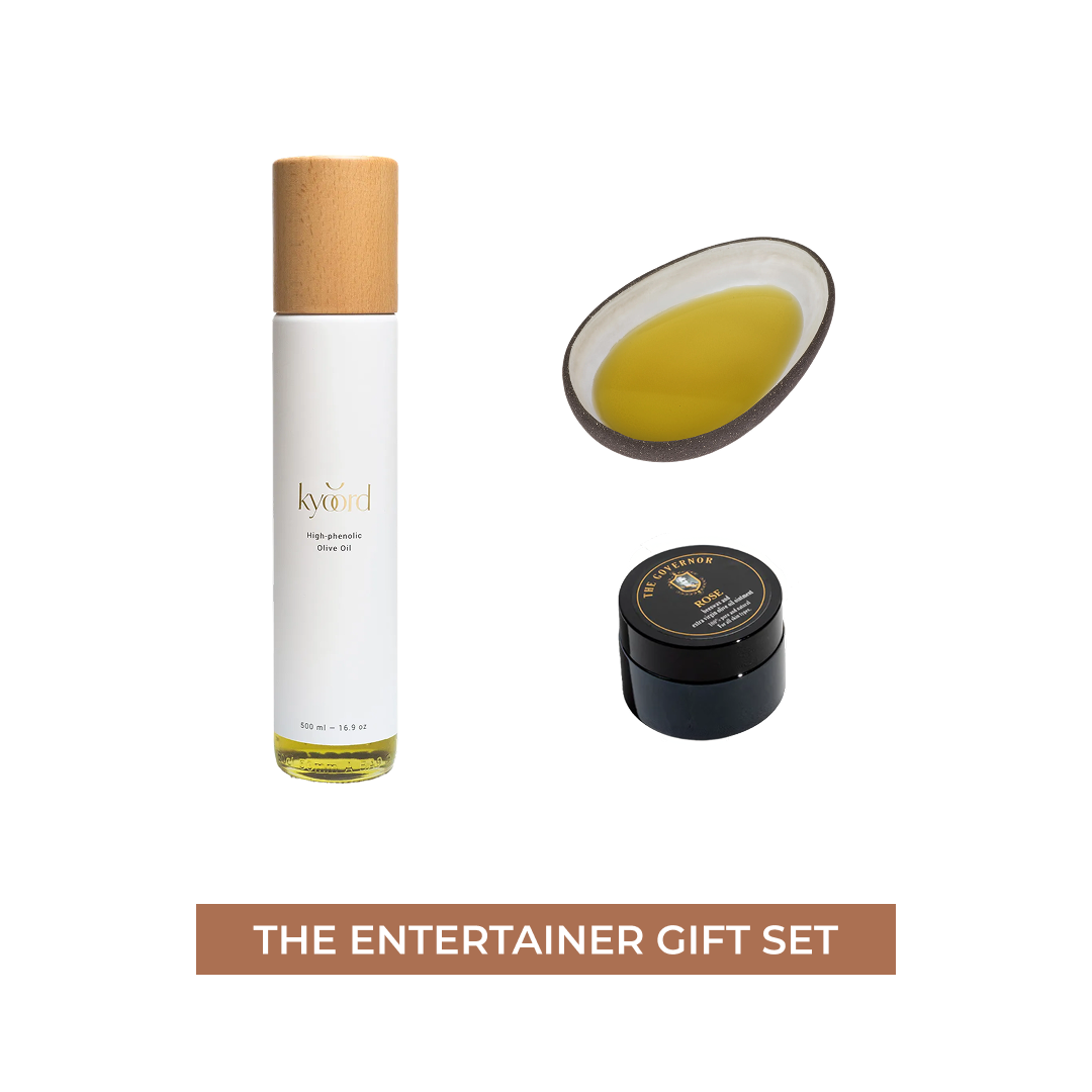 Host gift set with high phenolic EVOO, ceramic dish, and beeswax balm