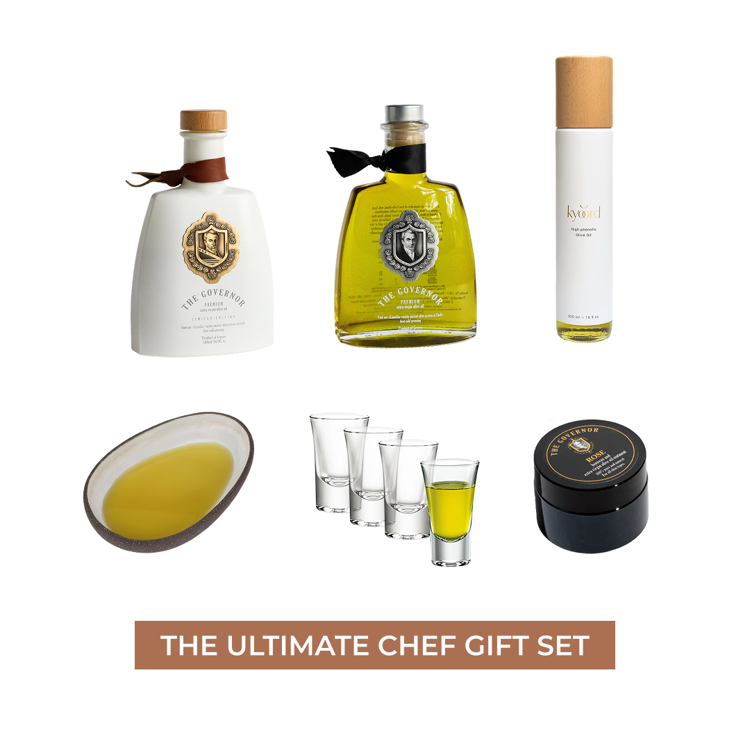 Premium high phenolic olive oil gift set with ceramic dish and tasting glasses