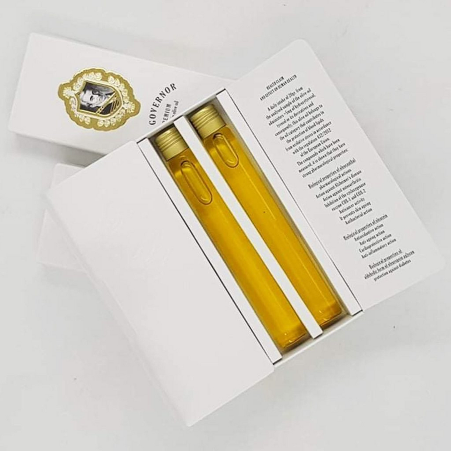 The Governor olive oil tasting set with two 25ml EVOO samples