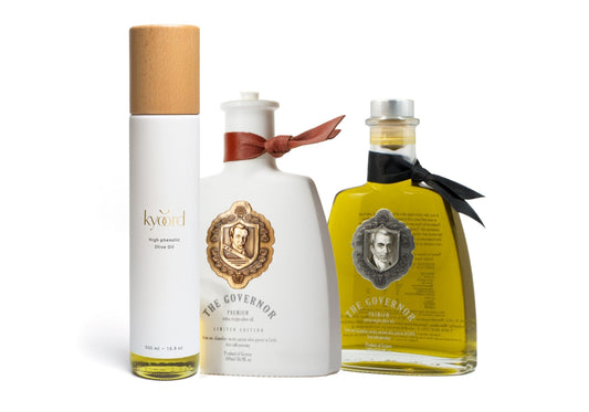 kyoord high phenolic EVOO variety pack with three olive oil bottles